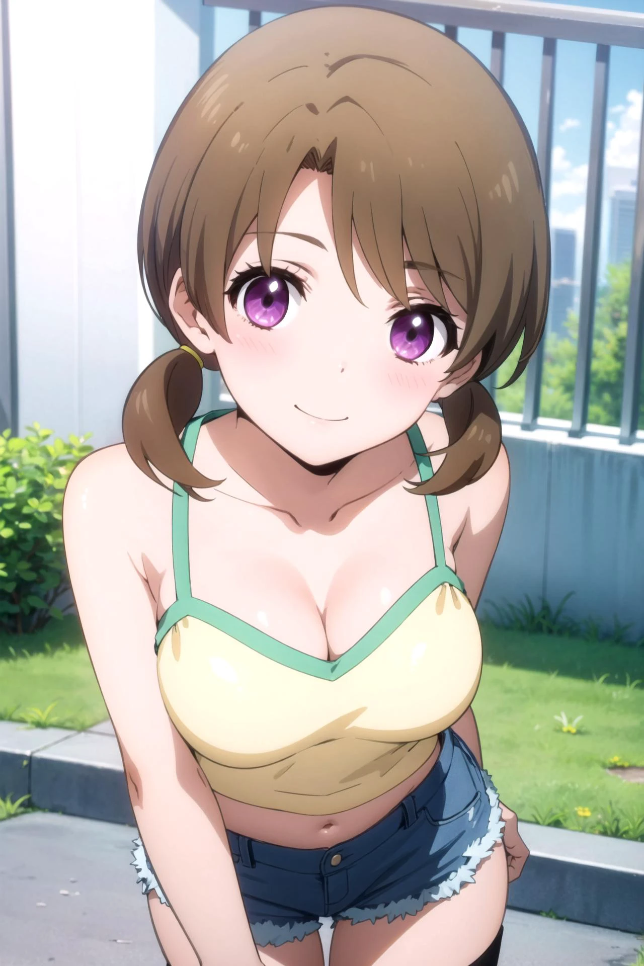1girl, solo, masterpiece, best quality,
<lora:honoka-mahouka:0.8>,
mahouka koukou no rettousei, mitsui honoka, honoka mitsui, purple eyes, brown hair, medium hair, twintails, low twintails, swept bangs, camisole, (blue camisole:1.2), crop top, skindentation, collarbone, bare arms, cleavage, large breasts, midriff, navel, shorts, denim shorts, thighhighs, breasts,
cowboy shot, leaning forward, v arms, from above, looking up, looking at viewer,
blush, seductive smile,
outdoors