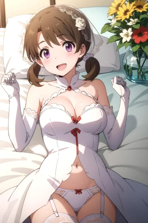 ((pussy juice,nsfw,nude))1 girl, My chest feels tight, , A girl is masturbating , wet crotch , cleavage, room, sweaty, big breasts, moving line, naughty smile, belly button, play sports often,The best quality full of breast milk、very detailed、anime, raiden shogun,Super detailed, masterpiece , anatomically correct, hand details、(Umamusume 1.6)、 red tide、sexual excitement、(mannerism:1.5)、huge breasts, Thighhighs, sweat a lot, shortness of breath、 Ahegao, moved, long gloves up to the elbow、white gloves、(Wedding dress:1.6)、Real moist skin、(soaking wet body:1.3)、eye for detail、NSFW、erotic、climax、Clothes with a small surface area of fabric、armpit、bed room、bed、nipples are visible,(breastfeeding、I'm peeing:1.2)、masturbation、short brown hair
