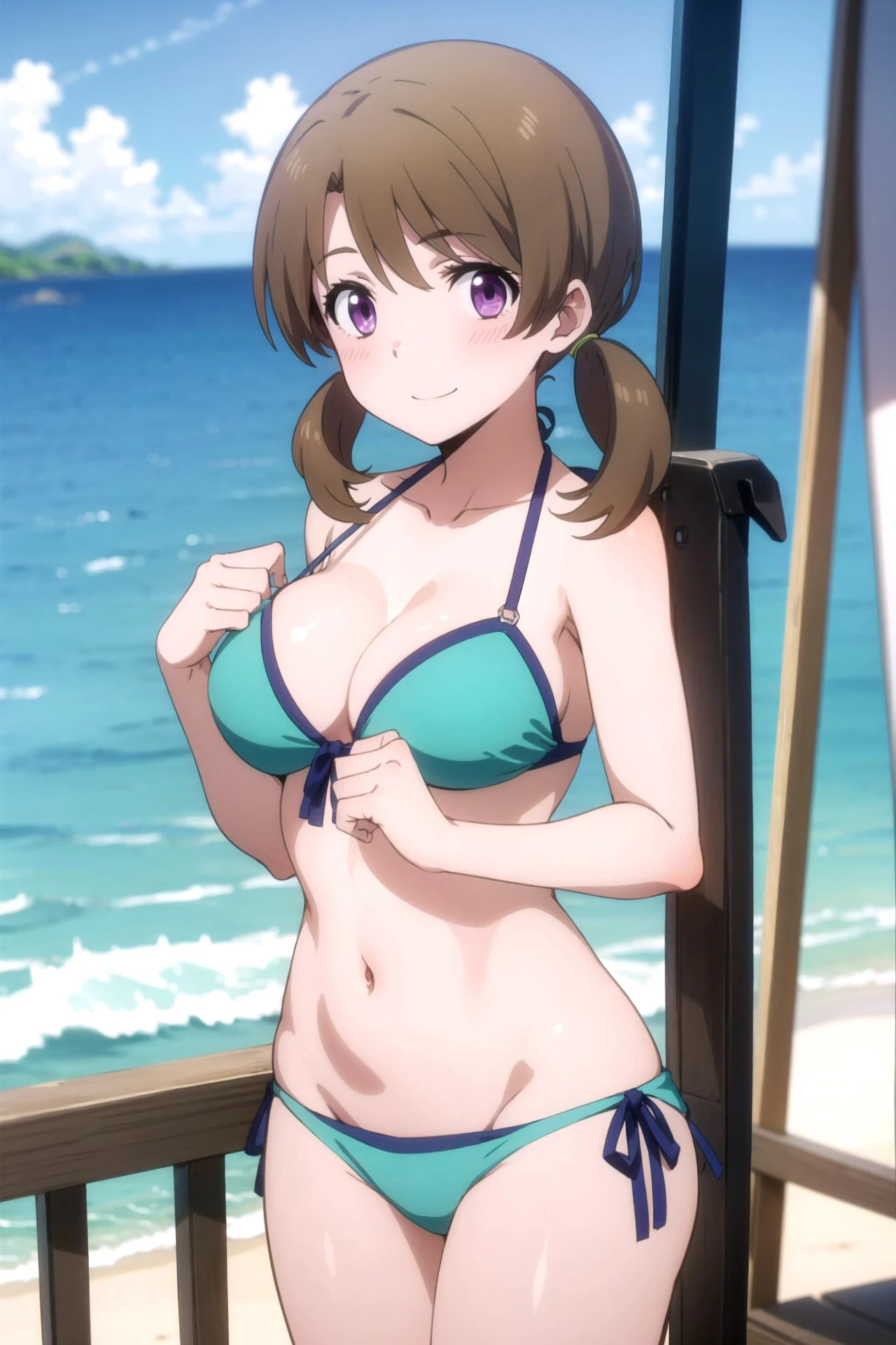 1girl, solo, masterpiece, best quality,
<lora:honoka-mahouka:0.8>,
mahouka koukou no rettousei, mitsui honoka, honoka mitsui, purple eyes, brown hair, medium hair, twintails, low twintails, swept bangs, bikini, skindentation, collarbone, bare arms, cleavage, (blue bikini:1.2), large breasts, navel, thigh gap, bare legs,
hands on own chest,
cowboy shot, looking at viewer,
blush, seductive smile,
outdoors, ocean