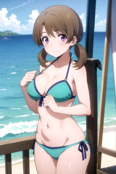 1girl, solo, masterpiece, best quality,
      <lora:honoka-mahouka:0.8>,
        mahouka koukou no rettousei, mitsui honoka, honoka mitsui, purple eyes, brown hair, medium hair, twintails, low twintails, swept bangs, bikini, skindentation, collarbone, bare arms, cleavage, (blue bikini:1.2), large breasts, navel, thigh gap, bare legs,
        hands on own chest,
        cowboy shot, looking at viewer,
        blush, seductive smile,
        outdoors, ocean