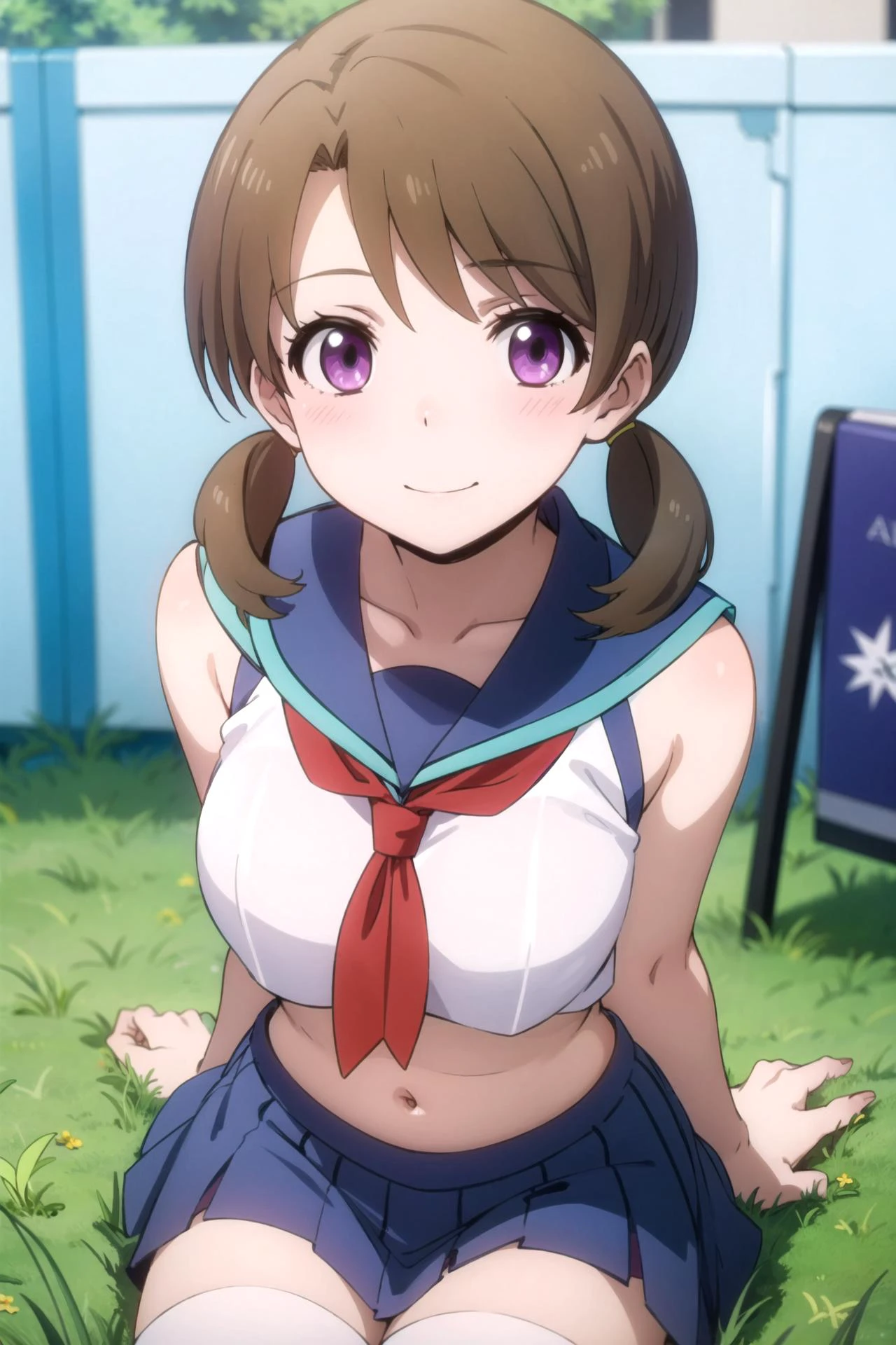 1girl, solo, masterpiece, best quality,
<lora:honoka-mahouka:0.8>,
mahouka koukou no rettousei, mitsui honoka, honoka mitsui, purple eyes, brown hair, medium hair, twintails, low twintails, swept bangs, school uniform, serafuku, collarbone, sailor collar, blue sailor collar, neckerchief, red neckerchief, sleeveless, sleeveless shirt, white shirt, bare arms, crop top, crop top overhang, cropped shirt, skindentation, cleavage, taut clothes, large breasts, midriff, navel, skirt, blue skirt, miniskirt, pleated skirt, thighhighs, zettai ryouiki, loafers, breasts,
wariza, sitting, hands on lap, from above, looking up, looking at viewer,
blush, smile,
outdoors, grass