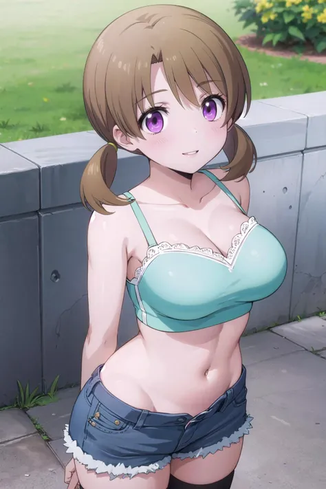 1girl, solo, masterpiece, best quality,
      <lora:honoka-mahouka:0.8>,
        mahouka koukou no rettousei, mitsui honoka, honoka mitsui, purple eyes, brown hair, medium hair, twintails, low twintails, short twintails, swept bangs, camisole, (aqua camisole:1.2), crop top, skindentation, collarbone, bare arms, cleavage, large breasts, midriff, navel, shorts, denim shorts, thighhighs, breasts,
        cowboy shot, leaning forward, v arms, from above, looking up, looking at viewer,
        blush, smile, parted lips,
        outdoors