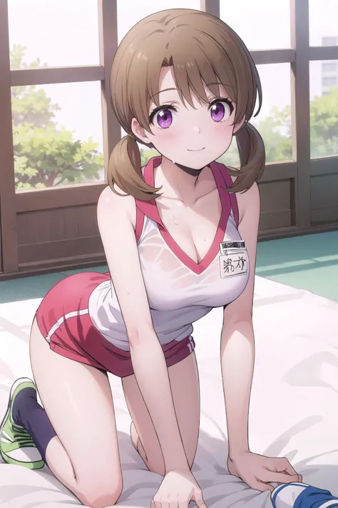 1girl, solo, masterpiece, best quality,
<lora:honoka-mahouka:0.8>,
sweat, mahouka koukou no rettousei, mitsui honoka, honoka mitsui, purple eyes, brown hair, medium hair, twintails, low twintails, short twintails, swept bangs, gym uniform, gym shirt, white shirt, sleeveless, sleeveless shirt, collarbone, bare arms, cleavage, taut clothes, large breasts, buruma, bare legs, socks, shoes, hanging breasts,
all fours, looking at viewer, breasts,
blush, smile,
indoors, bed sheet, window
