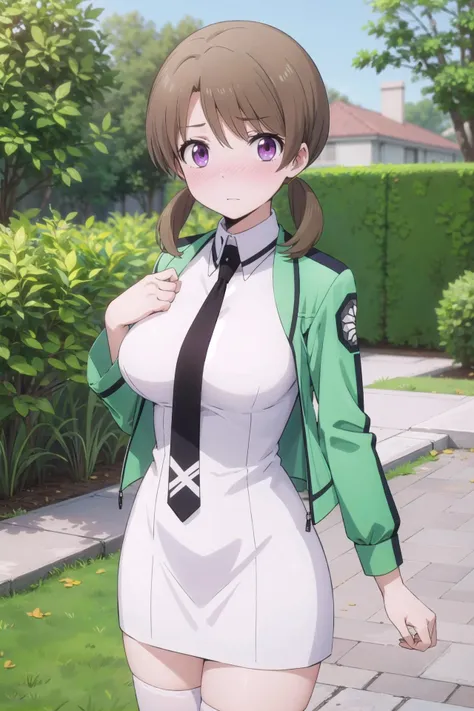 1girl, solo, masterpiece, best quality,
      <lora:honoka-mahouka:0.8>,
        mahouka koukou no rettousei, mitsui honoka, honoka mitsui, purple eyes, brown hair, medium hair, twintails, low twintails, short twintails, swept bangs, first high school uniform, dress, white dress, collared dress, pencil dress, necktie, black necktie, short necktie, jacket, green jacket, cropped jacket, open jacket, long sleeves, large breasts, thighhighs, black thighhighs,
        ,
        cowboy shot, looking at viewer,
        blush, nose blush, nervous,
        outdoors, garden