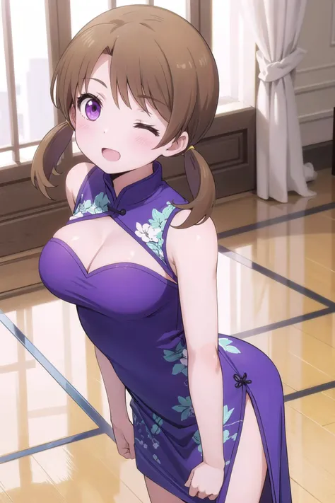 1girl, solo, masterpiece, best quality,
<lora:honoka-mahouka:0.8>,
gold trim, floral print, mahouka koukou no rettousei, mitsui honoka, honoka mitsui, purple eyes, brown hair, medium hair, twintails, low twintails, short twintails, swept bangs, china dress, chinese clothes, clothing cutout, cleavage cutout, dress, sleeveless dress, sleeveless, bare shoulders, bare arms, cleavage, blue dress, large breasts, side slit, bare legs, breasts,
cowboy shot, leaning forward, v arms, from above, looking up, looking at viewer,
blush, smile, one eye closed, ;o, open mouth,
indoors, floor