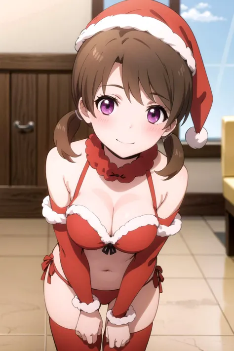 masterpiece, best quality, 1 solo girl, browm hair, green eyes, short hair, wavy hair, Christmas ornaments, medium breasts, mature body and face, red christmas dress, christmas, christmas light, christmas tree, red gloves, red santa skirt, holding gift, red bra, red panty, leg up, cowboy shots, sexy pose, dakimakura, detailed body, face, and eyes, sharp focus, vibrant, creative, dynamic, high definition, high resolution, 8k, (Upscale: R-ESRGAN 4x+ Anime6B), (Image enchance:4x), voluptuous body
