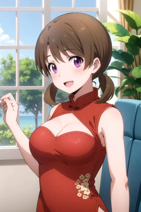1girl, solo, masterpiece, best quality,
<lora:honoka-mahouka:0.8>,
gold trim, dragon print, mahouka koukou no rettousei, mitsui honoka, honoka mitsui, purple eyes, brown hair, medium hair, twintails, low twintails, short twintails, swept bangs, china dress, chinese clothes, clothing cutout, cleavage cutout, dress, sleeveless dress, sleeveless, bare shoulders, bare arms, cleavage, red dress, large breasts,
reaching towards viewer,
upper body, looking at viewer,
blush, smile, :d, open mouth, profile,
indoors, window