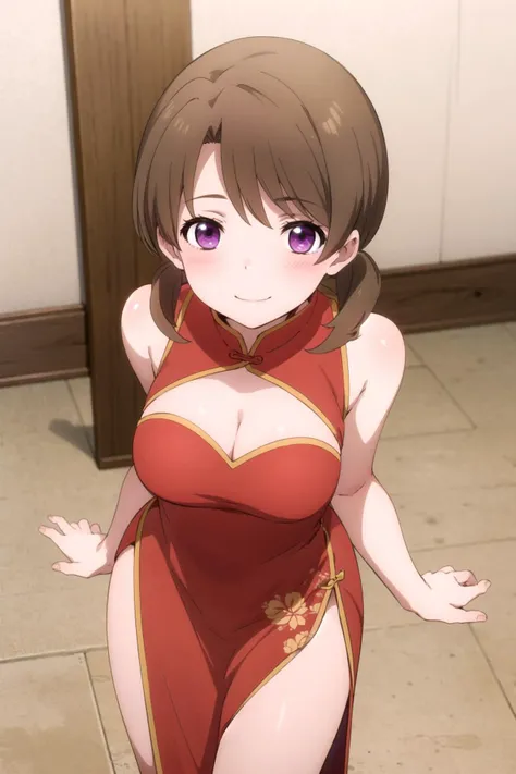 1girl, solo, masterpiece, best quality,
<lora:honoka-mahouka:0.8>,
gold trim, dragon print, mahouka koukou no rettousei, mitsui honoka, honoka mitsui, purple eyes, brown hair, medium hair, twintails, low twintails, short twintails, swept bangs, china dress, chinese clothes, clothing cutout, cleavage cutout, dress, sleeveless dress, sleeveless, bare shoulders, bare arms, cleavage, red dress, large breasts, side slit, bare legs, breasts,
cowboy shot, leaning forward, v arms, from above, looking up, looking at viewer,
blush, naughty face, smile, half-closed eyes,
indoors, floor