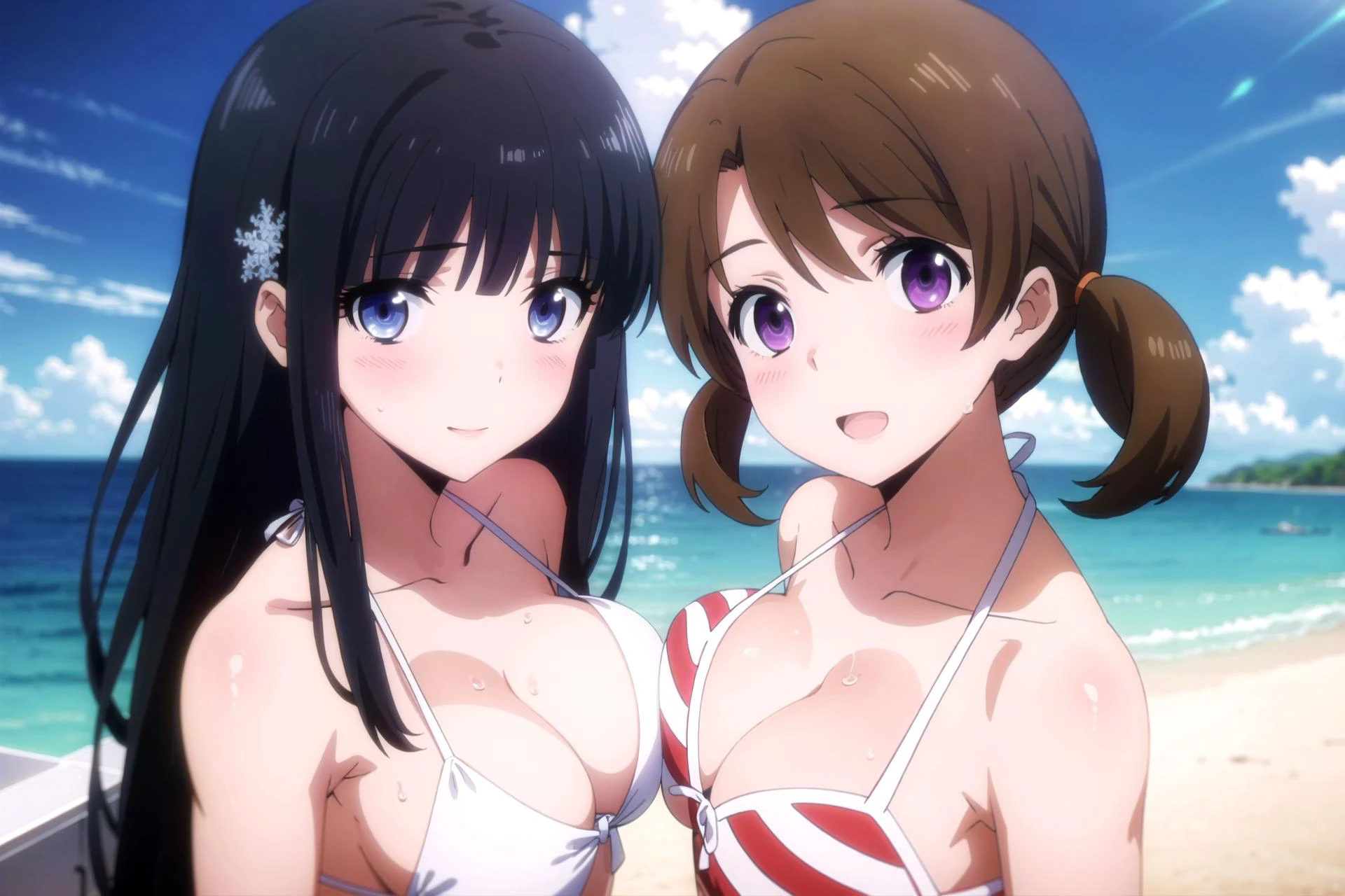 masterpiece, best quality, 2girls, multiple girls, (symmetrical docking:1.5), breast press,
from above,
outdoors, ocean, wet,
ADDCOMM <lora:miyuki-mahouka:0.8>, mahouka koukou no rettousei, miyuki shiba, shiba miyuki, black eyes, blue eyes, tsurime, eyelashes, black hair, long hair, hime cut, straight hair, blunt bangs, blunt ends, sidelocks, hair ornament, snowflake hair ornament, tress ribbon, large breasts,
bikini, micro bikini, cleavage, bare shoulders, bare arms, collarbone,
white bikini, front-tie bikini top,
looking at viewer, looking up, upturned eyes, head tilt,
blush, nose blush, seductive smile,
ADDCOL <lora:honoka-mahouka:0.8>, mahouka koukou no rettousei, mitsui honoka, honoka mitsui, purple eyes, brown hair, medium hair, twintails, low twintails, short twintails, swept bangs, large breasts,
bikini, micro bikini, cleavage, bare shoulders, bare arms, collarbone,
striped bikini, front-tie bikini top,
looking at viewer, looking up, upturned eyes, head tilt,
blush, nose blush, seductive smile, open mouth,