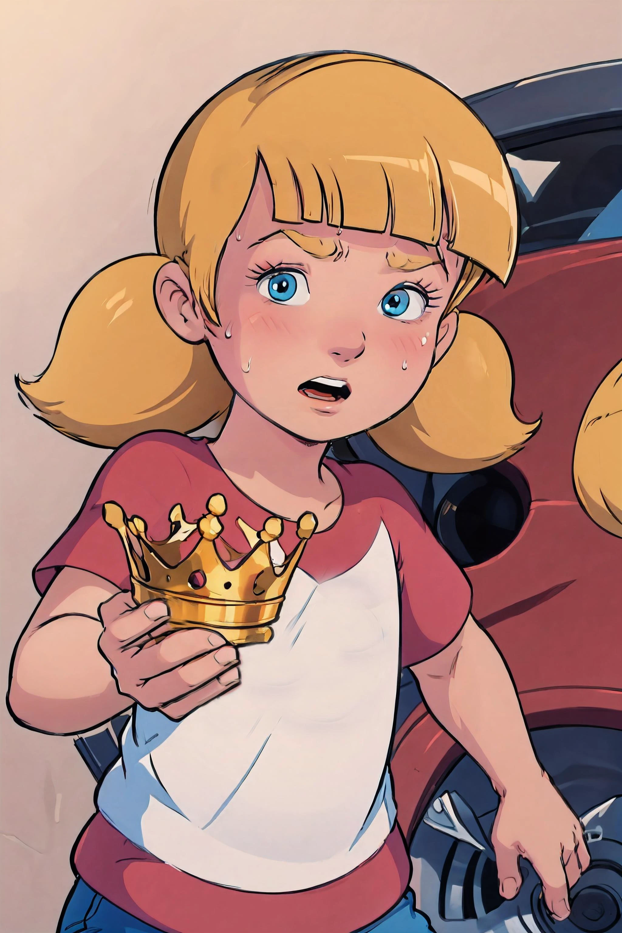 masterpiece, best quality, 1girl, penny, blonde hair, twintails, blunt bangs, blue eyes, closeup, red shirt with horizontal white stripe across the center, upperbody, simple background <lora:Penny:1>,blush, open mouth, sweat, <lora:YouDroppedThisKingMeme:1> youdroppedthiskingmeme