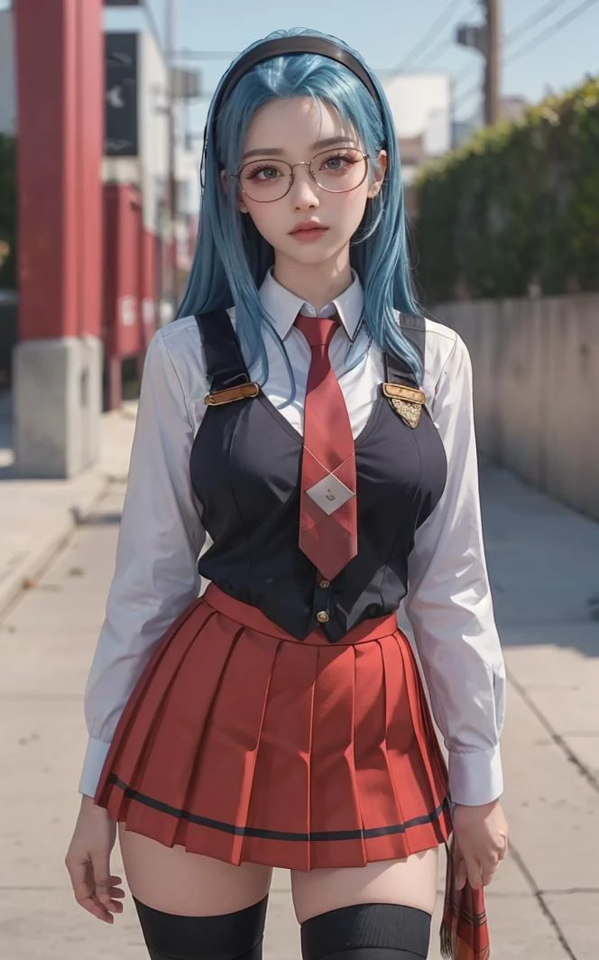 SchoolUniform_JunkoMochida_ownwaifu, day,
1girl, blue hair, long hair, glasses, hairband, large breasts, blue eyes,
school uniform, red necktie, vest, red skirt, pleated skirt, zettai ryouiki, thighhighs, legs,
<lora:FAP_BibleBlack_JunkoMochida_ownwaifu:0.8> ,
((masterpiece)),((best quality)),(highres), bokeh, depth_of_field, spotlight, scenery, looking at viewer, solo, contrapposto, cowboy shot,