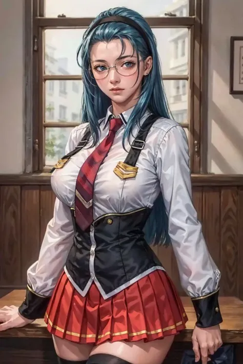 best quality,masterpiece,highres,original,extremely detailed wallpaper,perfect lighting,extremely detailed CG,<lora:add_detail:0.3>,standing,
<lora:FAP_BibleBlack_JunkoMochida_ownwaifu:0.8>,FAP_BibleBlack_JunkoMochida_ownwaifu,bible_black,long hair,blue hair,hairband,blue eyes,rimless eyewear,very long hair,skirt,thighhighs,long sleeves,school uniform,necktie,glasses,zettai ryouiki,red necktie,suspenders,red skirt,pleated skirt,