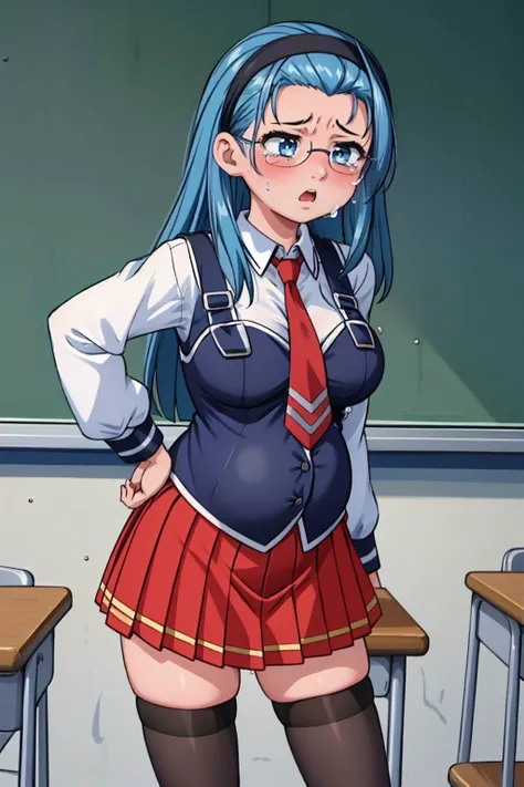 (Masterpiece:1.3), (best quality:1.2), 1girl, (schooluniform_JunkoMochida_ownwaifu:1.5), 1girl, blue hair, long hair, (hair pinned back:1.1), forehead, (glasses:1.1), hairband, large breasts, blue eyes, (horrified:1.9), (tears:1.3), (pregnant:1.2), school uniform, red necktie, vest, red skirt, pleated skirt, zettai ryouiki, thighhighs, legs, classroom, <lora:BibleBlack_JunkoMochida_ownwaifu:0.8>