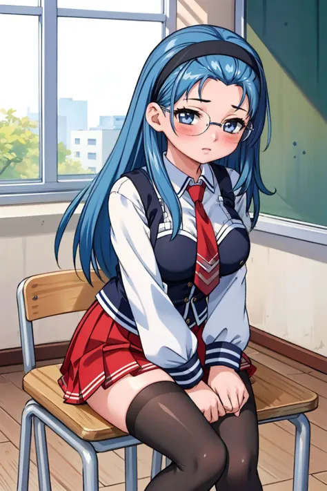 (Masterpiece:1.3), (best quality:1.2), 1girl, SchoolUniform_JunkoMochida_ownwaifu, 1girl, blue hair, long hair, glasses, hairband, large breasts, blue eyes, school uniform, red necktie, vest, red skirt, pleated skirt, zettai ryouiki, black thighhighs, legs, classroom, blush, <lora:BibleBlack_JunkoMochida_ownwaifu:0.8>