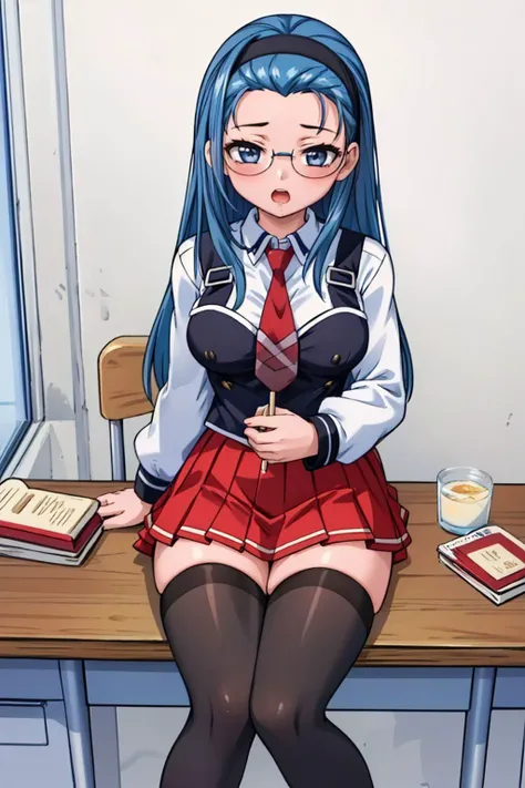 (Masterpiece:1.3), (best quality:1.2), 1girl, (SchoolUniform_JunkoMochida_ownwaifu:1.3), 1girl, blue hair, long hair, bangs pinned back, forehead, glasses, hairband, large breasts, blue eyes, school uniform, red necktie, vest, red skirt, pleated skirt, zettai ryouiki, black thighhighs, legs, looking at viewer open mouth, eating lunch, bento, chopsticks, <lora:BibleBlack_JunkoMochida_ownwaifu:0.9>