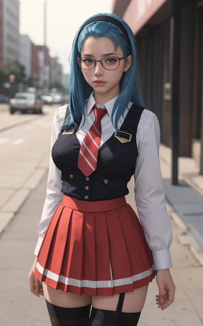 SchoolUniform_JunkoMochida_ownwaifu, night,
1girl, blue hair, long hair, glasses, hairband, large breasts, blue eyes,
school uniform, red necktie, vest, red skirt, pleated skirt, zettai ryouiki, thighhighs, legs,
<lora:FAP_BibleBlack_JunkoMochida_ownwaifu:0.7> ,
((masterpiece)),((best quality)),(highres), bokeh, depth_of_field, spotlight, scenery, looking at viewer, solo, contrapposto, cowboy shot,