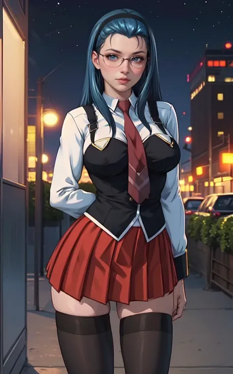 SchoolUniform_JunkoMochida_ownwaifu, night,
1girl, blue hair, long hair, glasses, hairband, large breasts, blue eyes,
school uniform, red necktie, vest, red skirt, pleated skirt, zettai ryouiki, thighhighs, legs,
<lora:FAP_BibleBlack_JunkoMochida_ownwaifu:1> ,
((masterpiece)),((best quality)),(highres), bokeh, depth_of_field, spotlight, scenery, looking at viewer, solo, contrapposto, cowboy shot,