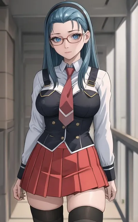 SchoolUniform_JunkoMochida_ownwaifu, ,
1girl, blue hair, long hair, glasses, hairband, large breasts, blue eyes,
school uniform, red necktie, vest, red skirt, pleated skirt, zettai ryouiki, thighhighs, legs,
<lora:FAP_BibleBlack_JunkoMochida_ownwaifu:0.9> ,
((masterpiece)),((best quality)),(highres), bokeh, depth_of_field, spotlight, scenery, looking at viewer, solo, contrapposto, cowboy shot,