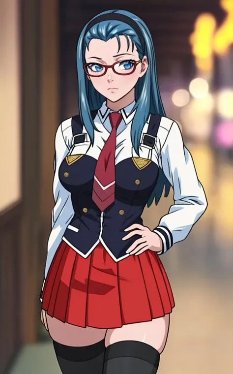 SchoolUniform_JunkoMochida_ownwaifu, day,
1girl, blue hair, long hair, glasses, hairband, large breasts, blue eyes, 
school uniform, red necktie, vest, red skirt, pleated skirt, zettai ryouiki, thighhighs, legs, 
<lora:FAP_BibleBlack_JunkoMochida_ownwaifu:0.9> ,
((masterpiece)),((best quality)),(highres), bokeh, depth_of_field, spotlight, scenery, looking at viewer, solo, contrapposto, cowboy shot,