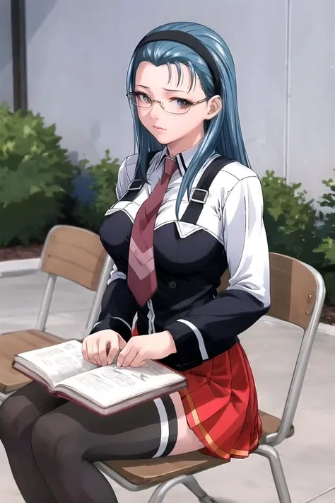 sitting,
masterpiece, best quality, high quality, highres, outdoors, day, upper body, looking at viewer, solo, focused, BREAK,
FAP_BibleBlack_JunkoMochida_ownwaifu, bible_black,
1girl, long hair, blue hair, hairband, breasts, large breasts, blue eyes, rimless eyewear, very long hair,
skirt, thighhighs, long sleeves, school uniform, necktie, glasses, zettai ryouiki, red necktie, suspenders, red skirt, pleated skirt, black_vest, vest,
<lora:FAP_BibleBlack_JunkoMochida_ownwaifu:1>