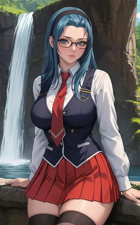 SchoolUniform_JunkoMochida_ownwaifu, 
1girl, blue hair, long hair, glasses, hairband, large breasts, blue eyes, 
school uniform, red necktie, vest, red skirt, pleated skirt, zettai ryouiki, thighhighs, legs, 
<lora:FAP_BibleBlack_JunkoMochida_ownwaifu:0.7> ,
((masterpiece)),((best quality)),(highres), bokeh, depth_of_field, day, tree shade, sunlight, scenery, rock, waterfall, looking at viewer, solo, cowboy shot,