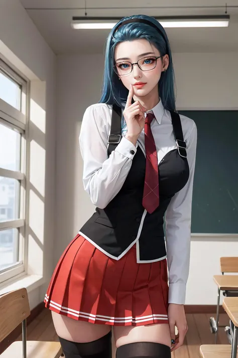 (masterpiece, best quality, ultra detailed, absurdres)1.5, 1girl, (sexy, beautiful woman, perfect face, perfect eyes, perfect female body, large breasts)1.5, (fap_bibleblack_junkomochida_ownwaifu, bible_black, very long hair, blue hair, hairband, rimless eyewear, glasses, pleated skirt, red skirt, thighhighs, loafers, long sleeves, school uniform, red necktie, zettai ryouiki, suspenders, black vest, <lora:FAP_BibleBlack_JunkoMochida_ownwaifu:0.7>), (standing, indoors, Japanese classroom), perfect lighting, smooth, hdr