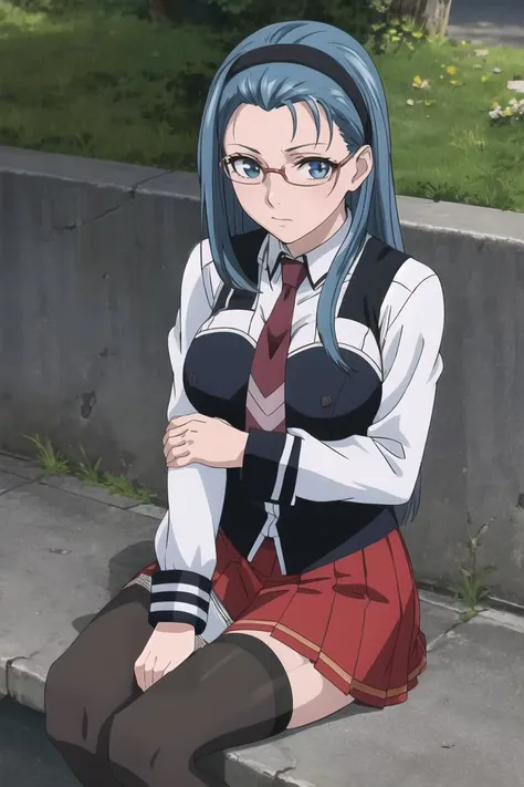 sitting,
masterpiece, best quality, high quality, highres, outdoors, day, upper body, looking at viewer, solo, focused, BREAK,
FAP_BibleBlack_JunkoMochida_ownwaifu, bible_black,
1girl, long hair, blue hair, hairband, breasts, large breasts, blue eyes, rimless eyewear, very long hair,
skirt, thighhighs, long sleeves, school uniform, necktie, glasses, zettai ryouiki, red necktie, suspenders, red skirt, pleated skirt, black_vest, vest,
<lora:FAP_BibleBlack_JunkoMochida_ownwaifu:0.8>