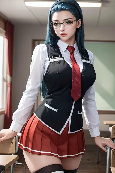(masterpiece, best quality, ultra detailed, absurdres)1.5, 1girl, (sexy, beautiful woman, perfect face, perfect eyes, perfect female body, large breasts)1.5, (fap_bibleblack_junkomochida_ownwaifu, bible_black, very long hair, blue hair, hairband, rimless eyewear, glasses, pleated skirt, red skirt, thighhighs, loafers, long sleeves, school uniform, red necktie, zettai ryouiki, suspenders, black vest, <lora:FAP_BibleBlack_JunkoMochida_ownwaifu:0.7>), (standing, indoors, Japanese classroom), perfect lighting, smooth, hdr