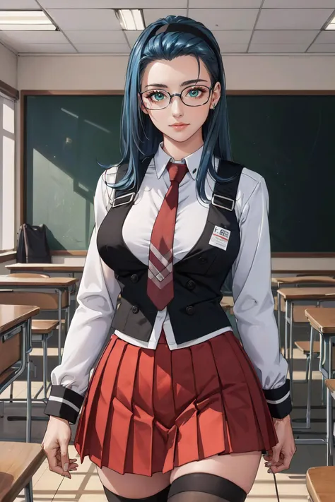 (masterpiece, best quality, ultra detailed, absurdres)1.5, 1girl, (sexy, beautiful woman, perfect face, perfect eyes, perfect female body, large breasts)1.5, (fap_bibleblack_junkomochida_ownwaifu, bible_black, very long hair, blue hair, hairband, rimless eyewear, glasses, pleated skirt, red skirt, thighhighs, loafers, long sleeves, school uniform, red necktie, zettai ryouiki, suspenders, black vest, <lora:FAP_BibleBlack_JunkoMochida_ownwaifu:0.7>), (standing, indoors, Japanese classroom), perfect lighting, smooth, hdr