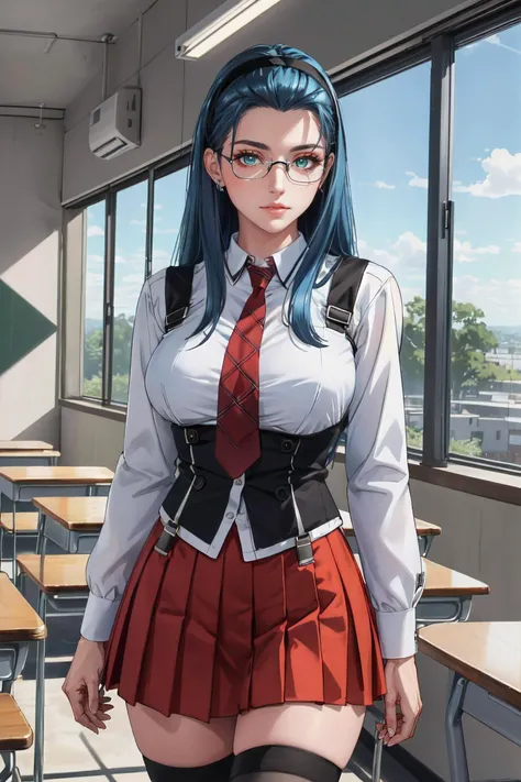 (masterpiece, best quality, ultra detailed, absurdres)1.5, 1girl, (sexy, beautiful woman, perfect face, perfect eyes, perfect female body, large breasts)1.5, (fap_bibleblack_junkomochida_ownwaifu, bible_black, very long hair, blue hair, hairband, rimless eyewear, glasses, pleated skirt, red skirt, thighhighs, loafers, long sleeves, school uniform, red necktie, zettai ryouiki, suspenders, black vest, <lora:FAP_BibleBlack_JunkoMochida_ownwaifu:0.7>), (standing, indoors, Japanese classroom), perfect lighting, smooth, hdr