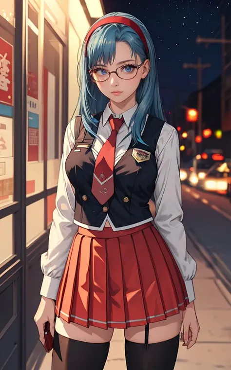 SchoolUniform_JunkoMochida_ownwaifu, night,
1girl, blue hair, long hair, glasses, hairband, large breasts, blue eyes, 
school uniform, red necktie, vest, red skirt, pleated skirt, zettai ryouiki, thighhighs, legs, 
<lora:FAP_BibleBlack_JunkoMochida_ownwaifu:0.7> ,
((masterpiece)),((best quality)),(highres), bokeh, depth_of_field, spotlight, scenery, looking at viewer, solo, contrapposto, cowboy shot,