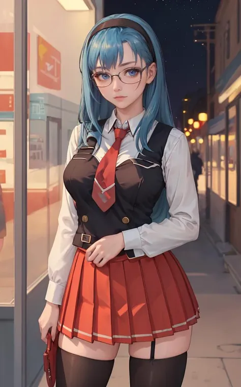 SchoolUniform_JunkoMochida_ownwaifu, night,
1girl, blue hair, long hair, glasses, hairband, large breasts, blue eyes, 
school uniform, red necktie, vest, red skirt, pleated skirt, zettai ryouiki, thighhighs, legs, 
<lora:FAP_BibleBlack_JunkoMochida_ownwaifu:0.7> ,
((masterpiece)),((best quality)),(highres), bokeh, depth_of_field, spotlight, scenery, looking at viewer, solo, contrapposto, cowboy shot,