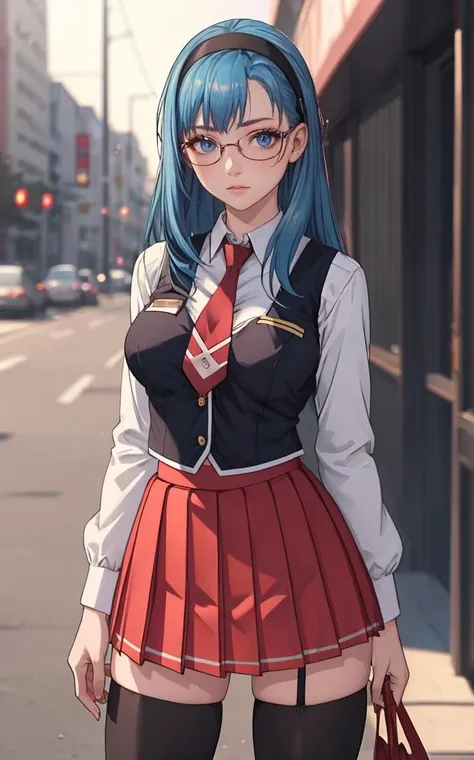 SchoolUniform_JunkoMochida_ownwaifu, ,
1girl, blue hair, long hair, glasses, hairband, large breasts, blue eyes, 
school uniform, red necktie, vest, red skirt, pleated skirt, zettai ryouiki, thighhighs, legs, 
<lora:FAP_BibleBlack_JunkoMochida_ownwaifu:0.7> ,
((masterpiece)),((best quality)),(highres), bokeh, depth_of_field, spotlight, scenery, looking at viewer, solo, contrapposto, cowboy shot,