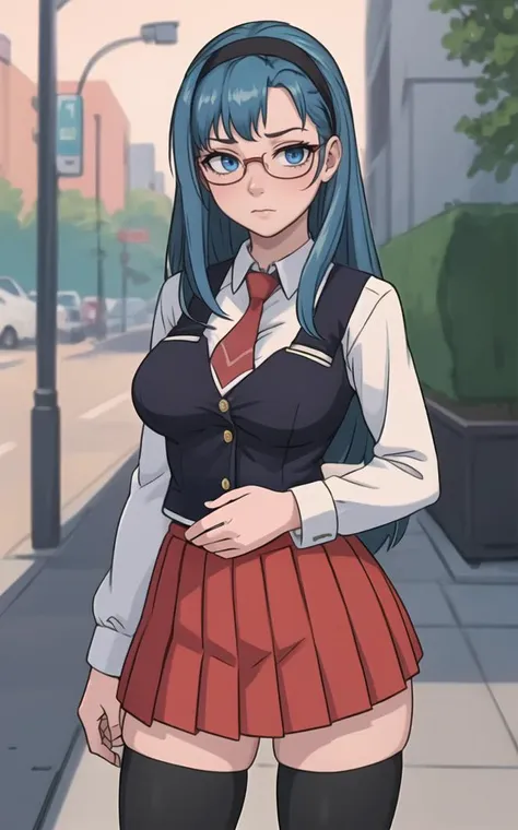 SchoolUniform_JunkoMochida_ownwaifu, ,
1girl, blue hair, long hair, glasses, hairband, large breasts, blue eyes, 
school uniform, red necktie, vest, red skirt, pleated skirt, zettai ryouiki, thighhighs, legs, 
<lora:FAP_BibleBlack_JunkoMochida_ownwaifu:0.7> ,
((masterpiece)),((best quality)),(highres), bokeh, depth_of_field, spotlight, scenery, looking at viewer, solo, contrapposto, cowboy shot,