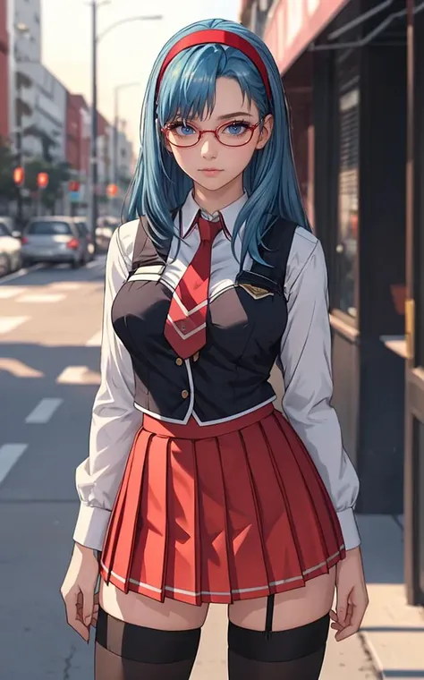 SchoolUniform_JunkoMochida_ownwaifu, ,
1girl, blue hair, long hair, glasses, hairband, large breasts, blue eyes, 
school uniform, red necktie, vest, red skirt, pleated skirt, zettai ryouiki, thighhighs, legs, 
<lora:FAP_BibleBlack_JunkoMochida_ownwaifu:0.7> ,
((masterpiece)),((best quality)),(highres), bokeh, depth_of_field, spotlight, scenery, looking at viewer, solo, contrapposto, cowboy shot,