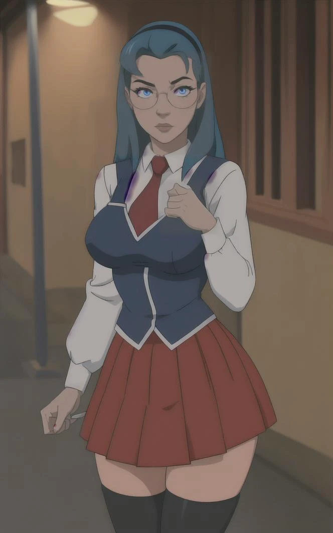 SchoolUniform_JunkoMochida_ownwaifu, day,
1girl, blue hair, long hair, glasses, hairband, large breasts, blue eyes,
school uniform, red necktie, vest, red skirt, pleated skirt, zettai ryouiki, thighhighs, legs,
<lora:FAP_BibleBlack_JunkoMochida_ownwaifu:0.7> ,
((masterpiece)),((best quality)),(highres), bokeh, depth_of_field, spotlight, scenery, looking at viewer, solo, contrapposto, cowboy shot,