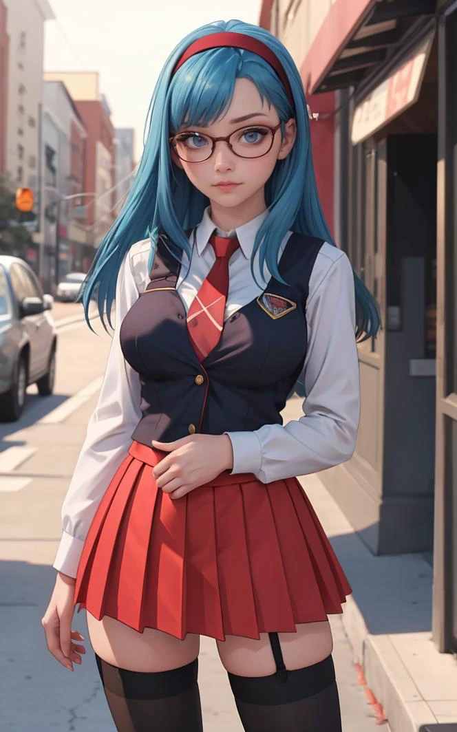 SchoolUniform_JunkoMochida_ownwaifu, ,
1girl, blue hair, long hair, glasses, hairband, large breasts, blue eyes,
school uniform, red necktie, vest, red skirt, pleated skirt, zettai ryouiki, thighhighs, legs,
<lora:FAP_BibleBlack_JunkoMochida_ownwaifu:0.7> ,
((masterpiece)),((best quality)),(highres), bokeh, depth_of_field, spotlight, scenery, looking at viewer, solo, contrapposto, cowboy shot,