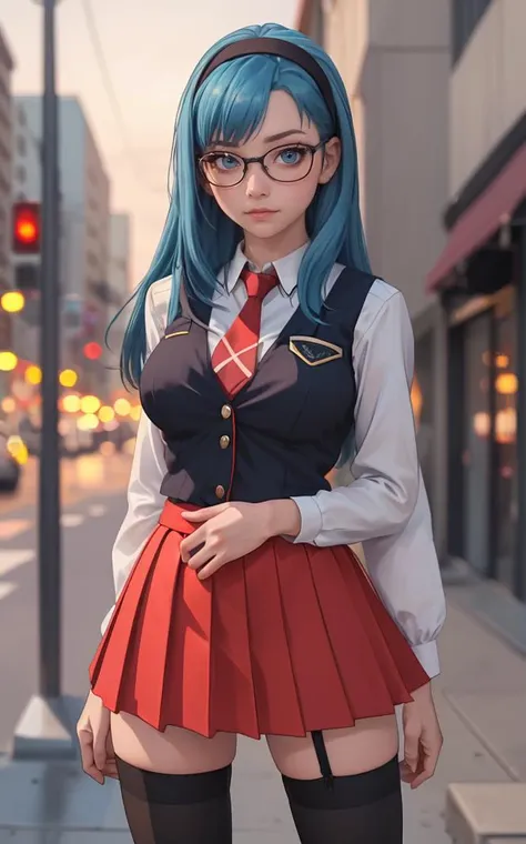 SchoolUniform_JunkoMochida_ownwaifu, night,
1girl, blue hair, long hair, glasses, hairband, large breasts, blue eyes, 
school uniform, red necktie, vest, red skirt, pleated skirt, zettai ryouiki, thighhighs, legs, 
<lora:FAP_BibleBlack_JunkoMochida_ownwaifu:0.7> ,
((masterpiece)),((best quality)),(highres), bokeh, depth_of_field, spotlight, scenery, looking at viewer, solo, contrapposto, cowboy shot,