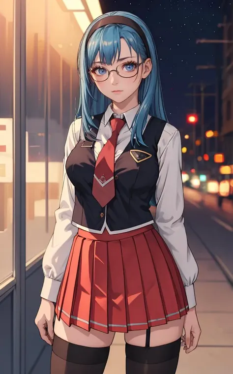 SchoolUniform_JunkoMochida_ownwaifu, night,
1girl, blue hair, long hair, glasses, hairband, large breasts, blue eyes, 
school uniform, red necktie, vest, red skirt, pleated skirt, zettai ryouiki, thighhighs, legs, 
<lora:FAP_BibleBlack_JunkoMochida_ownwaifu:0.7> ,
((masterpiece)),((best quality)),(highres), bokeh, depth_of_field, spotlight, scenery, looking at viewer, solo, contrapposto, cowboy shot,