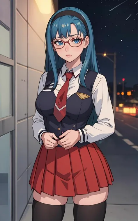 SchoolUniform_JunkoMochida_ownwaifu, night,
1girl, blue hair, long hair, glasses, hairband, large breasts, blue eyes, 
school uniform, red necktie, vest, red skirt, pleated skirt, zettai ryouiki, thighhighs, legs, 
<lora:FAP_BibleBlack_JunkoMochida_ownwaifu:0.7> ,
((masterpiece)),((best quality)),(highres), bokeh, depth_of_field, spotlight, scenery, looking at viewer, solo, contrapposto, cowboy shot,