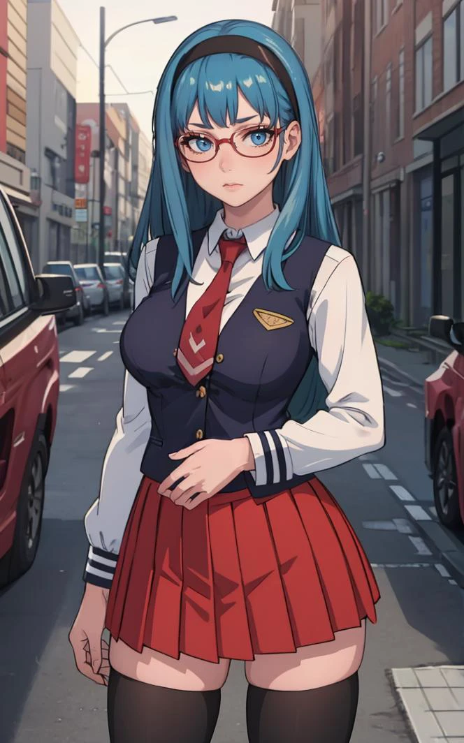 SchoolUniform_JunkoMochida_ownwaifu, day,
1girl, blue hair, long hair, glasses, hairband, large breasts, blue eyes,
school uniform, red necktie, vest, red skirt, pleated skirt, zettai ryouiki, thighhighs, legs,
<lora:FAP_BibleBlack_JunkoMochida_ownwaifu:0.7> ,
((masterpiece)),((best quality)),(highres), bokeh, depth_of_field, spotlight, scenery, looking at viewer, solo, contrapposto, cowboy shot,