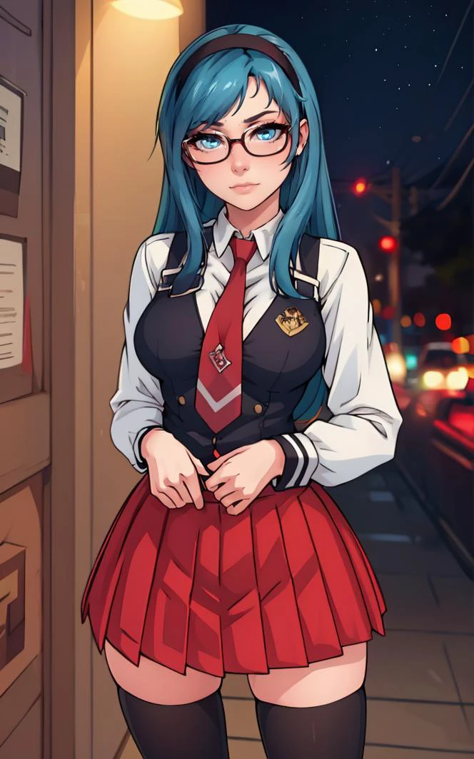 SchoolUniform_JunkoMochida_ownwaifu, night,
1girl, blue hair, long hair, glasses, hairband, large breasts, blue eyes,
school uniform, red necktie, vest, red skirt, pleated skirt, zettai ryouiki, thighhighs, legs,
<lora:FAP_BibleBlack_JunkoMochida_ownwaifu:0.7> ,
((masterpiece)),((best quality)),(highres), bokeh, depth_of_field, spotlight, scenery, looking at viewer, solo, contrapposto, cowboy shot,
