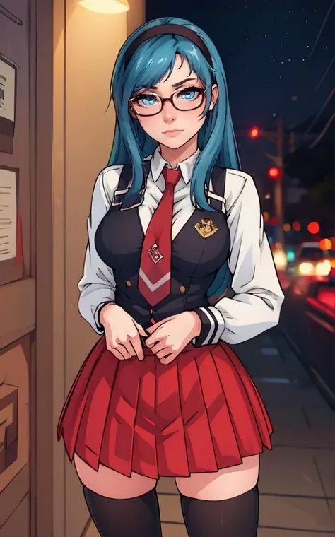 SchoolUniform_JunkoMochida_ownwaifu, night,
1girl, blue hair, long hair, glasses, hairband, large breasts, blue eyes, 
school uniform, red necktie, vest, red skirt, pleated skirt, zettai ryouiki, thighhighs, legs, 
<lora:FAP_BibleBlack_JunkoMochida_ownwaifu:0.7> ,
((masterpiece)),((best quality)),(highres), bokeh, depth_of_field, spotlight, scenery, looking at viewer, solo, contrapposto, cowboy shot,