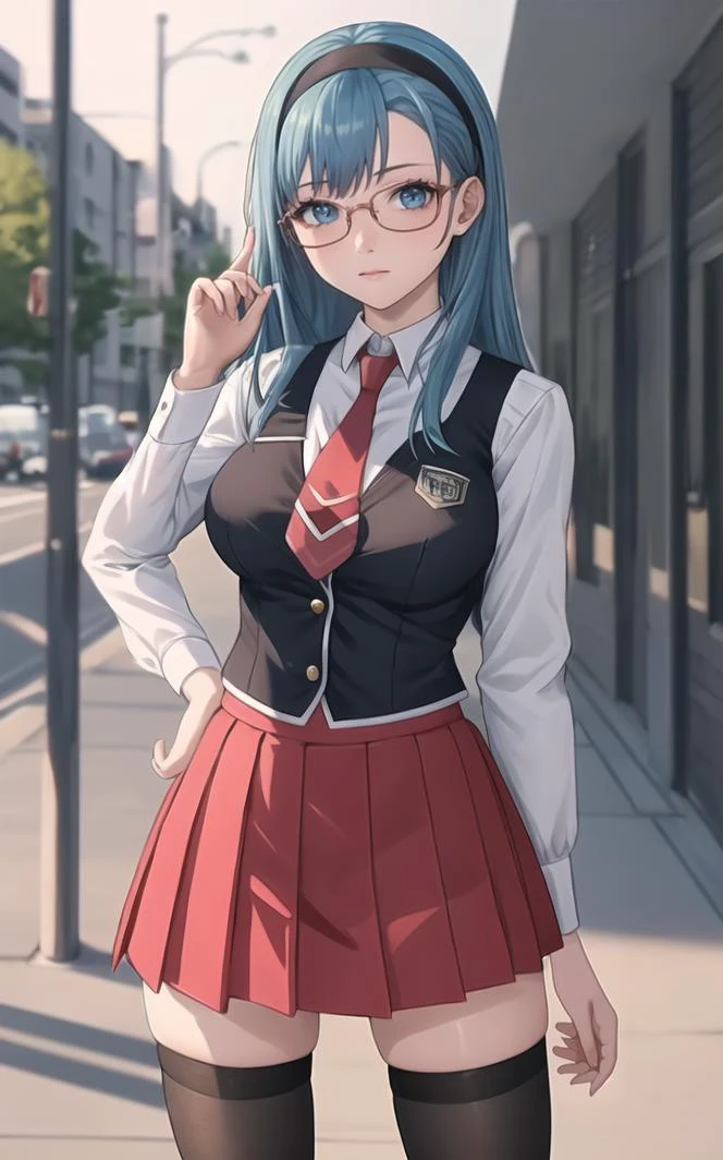 SchoolUniform_JunkoMochida_ownwaifu, night,
1girl, blue hair, long hair, glasses, hairband, large breasts, blue eyes,
school uniform, red necktie, vest, red skirt, pleated skirt, zettai ryouiki, thighhighs, legs,
<lora:FAP_BibleBlack_JunkoMochida_ownwaifu:0.7> ,
((masterpiece)),((best quality)),(highres), bokeh, depth_of_field, spotlight, scenery, looking at viewer, solo, contrapposto, cowboy shot,