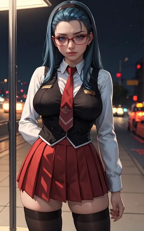 SchoolUniform_JunkoMochida_ownwaifu, night,
1girl, blue hair, long hair, glasses, hairband, large breasts, blue eyes, 
school uniform, red necktie, vest, red skirt, pleated skirt, zettai ryouiki, thighhighs, legs, 
<lora:FAP_BibleBlack_JunkoMochida_ownwaifu:0.7> ,
((masterpiece)),((best quality)),(highres), bokeh, depth_of_field, spotlight, scenery, looking at viewer, solo, contrapposto, cowboy shot,