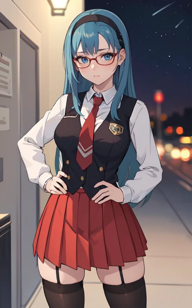 SchoolUniform_JunkoMochida_ownwaifu, night,
1girl, blue hair, long hair, glasses, hairband, large breasts, blue eyes,
school uniform, red necktie, vest, red skirt, pleated skirt, zettai ryouiki, thighhighs, legs,
<lora:FAP_BibleBlack_JunkoMochida_ownwaifu:0.7> ,
((masterpiece)),((best quality)),(highres), bokeh, depth_of_field, spotlight, scenery, looking at viewer, solo, contrapposto, cowboy shot,