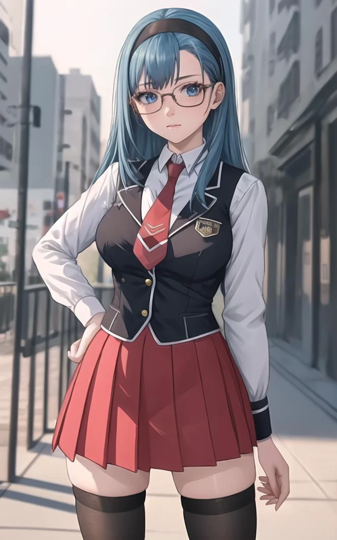 SchoolUniform_JunkoMochida_ownwaifu, ,
1girl, blue hair, long hair, glasses, hairband, large breasts, blue eyes,
school uniform, red necktie, vest, red skirt, pleated skirt, zettai ryouiki, thighhighs, legs,
<lora:FAP_BibleBlack_JunkoMochida_ownwaifu:0.7> ,
((masterpiece)),((best quality)),(highres), bokeh, depth_of_field, spotlight, scenery, looking at viewer, solo, contrapposto, cowboy shot,