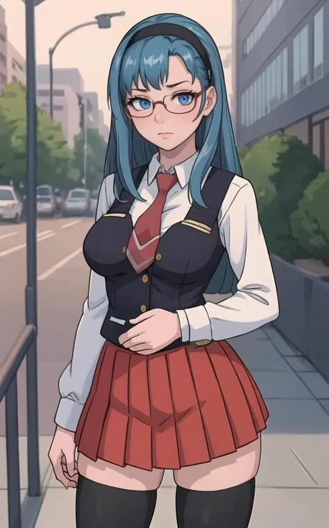 SchoolUniform_JunkoMochida_ownwaifu, day,
1girl, blue hair, long hair, glasses, hairband, large breasts, blue eyes, 
school uniform, red necktie, vest, red skirt, pleated skirt, zettai ryouiki, thighhighs, legs, 
<lora:FAP_BibleBlack_JunkoMochida_ownwaifu:0.7> ,
((masterpiece)),((best quality)),(highres), bokeh, depth_of_field, spotlight, scenery, looking at viewer, solo, contrapposto, cowboy shot,