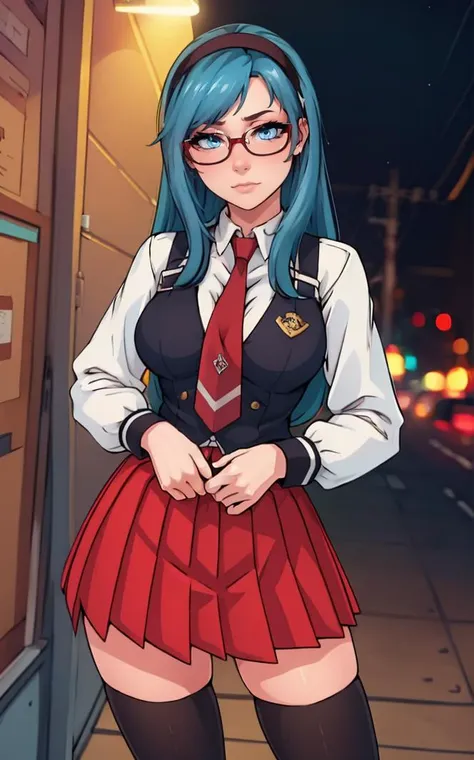 SchoolUniform_JunkoMochida_ownwaifu, day,
1girl, blue hair, long hair, glasses, hairband, large breasts, blue eyes, 
school uniform, red necktie, vest, red skirt, pleated skirt, zettai ryouiki, thighhighs, legs, 
<lora:FAP_BibleBlack_JunkoMochida_ownwaifu:0.7> ,
((masterpiece)),((best quality)),(highres), bokeh, depth_of_field, spotlight, scenery, looking at viewer, solo, contrapposto, cowboy shot,