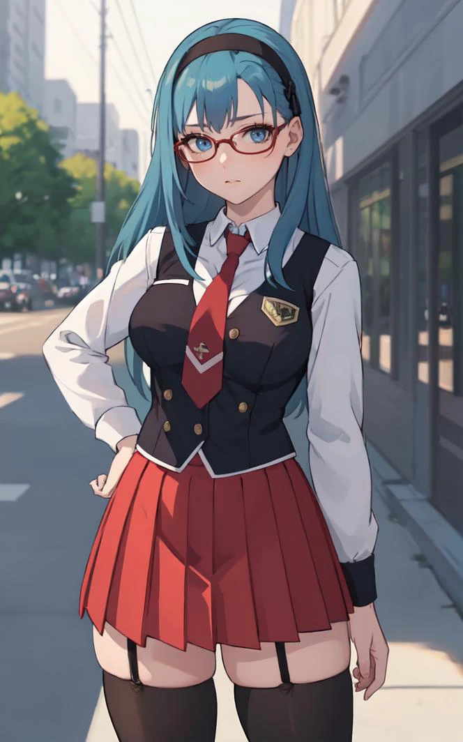 SchoolUniform_JunkoMochida_ownwaifu, day,
1girl, blue hair, long hair, glasses, hairband, large breasts, blue eyes,
school uniform, red necktie, vest, red skirt, pleated skirt, zettai ryouiki, thighhighs, legs,
<lora:FAP_BibleBlack_JunkoMochida_ownwaifu:0.7> ,
((masterpiece)),((best quality)),(highres), bokeh, depth_of_field, spotlight, scenery, looking at viewer, solo, contrapposto, cowboy shot,